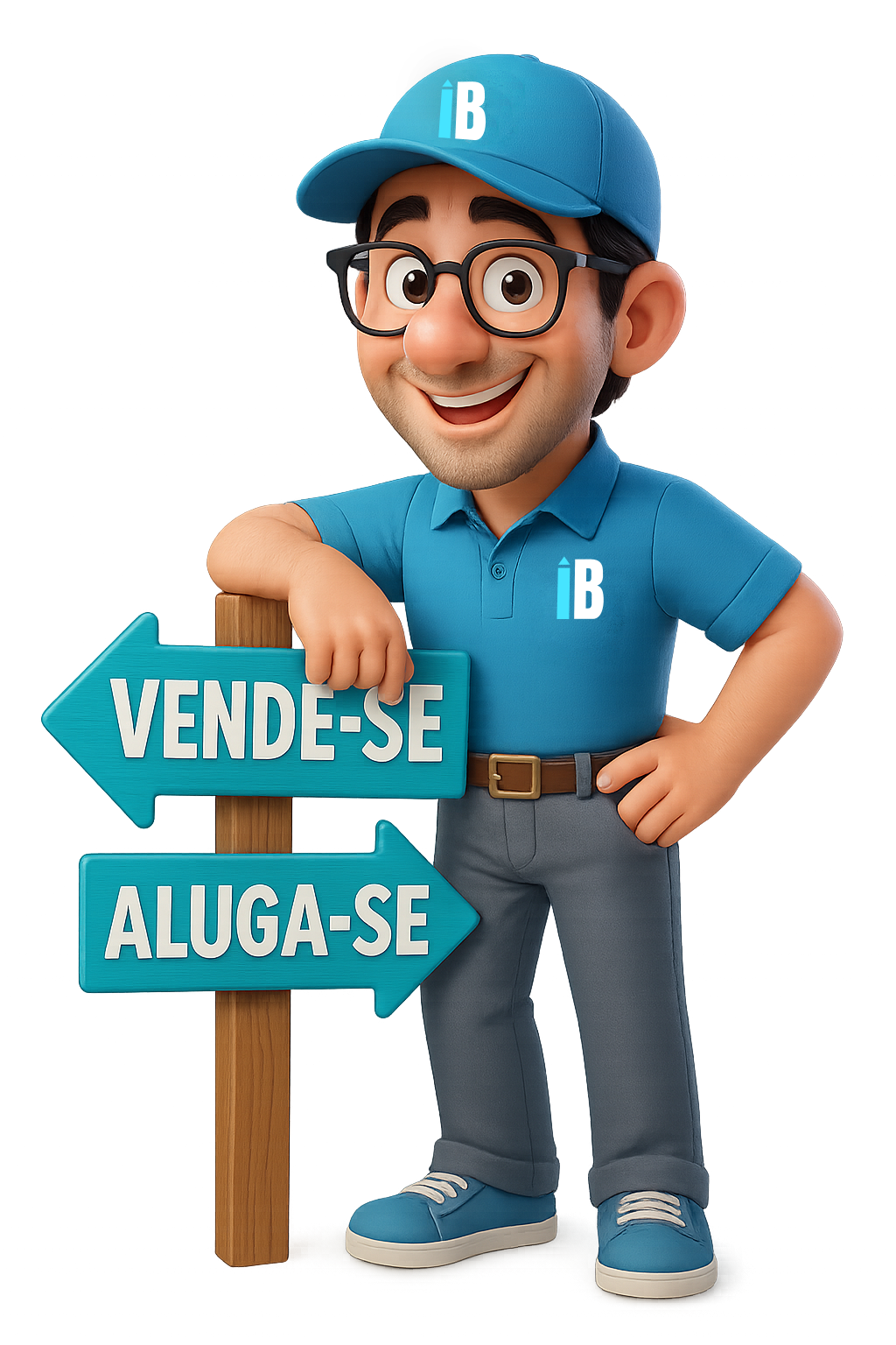 Mascote iBusquei segurando placa de Vende-se / Compra-se